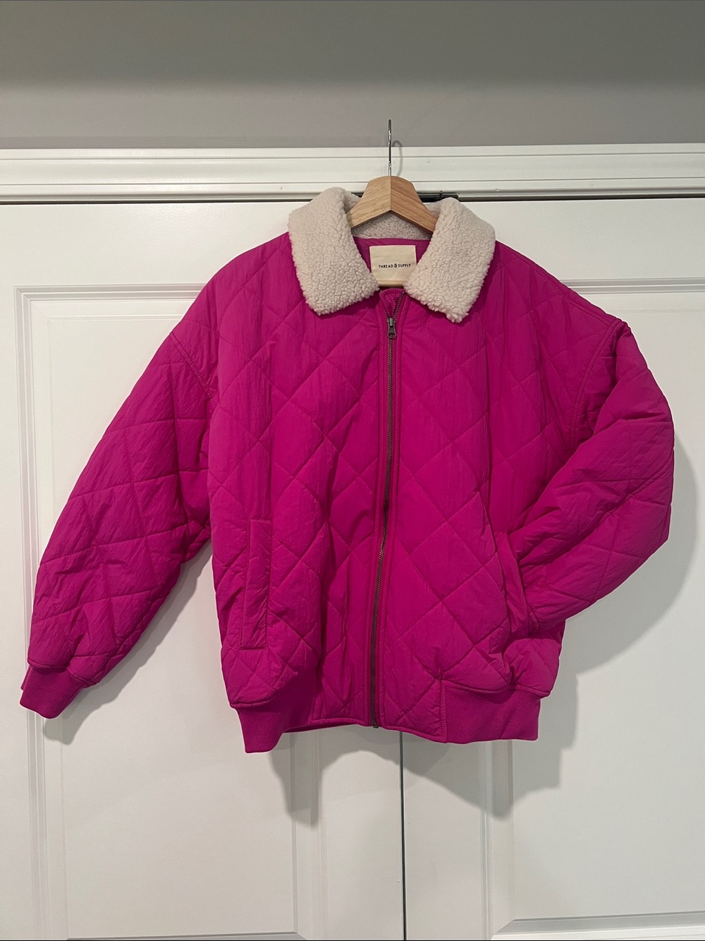 Thread & Supply Quilted Fuchsia Bomber Jacket with Cream Sherpa Collar